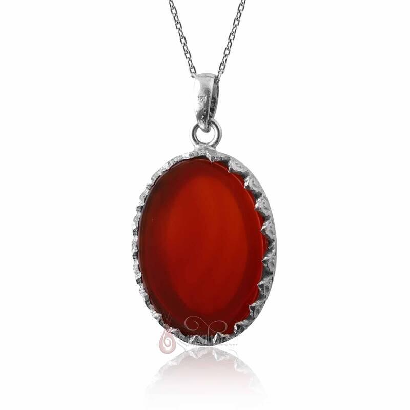 Kırmızı Akik Taşlı Yassı Model Oval 925 Ayar Gümüş İşçilikli Kolye - 2