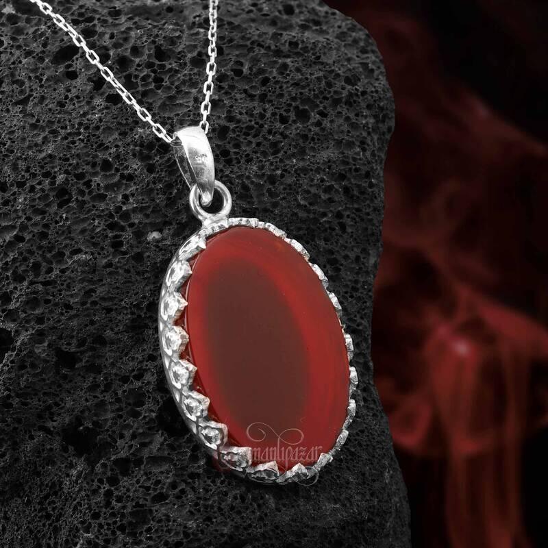 Kırmızı Akik Taşlı Yassı Model Oval 925 Ayar Gümüş İşçilikli Kolye - 1