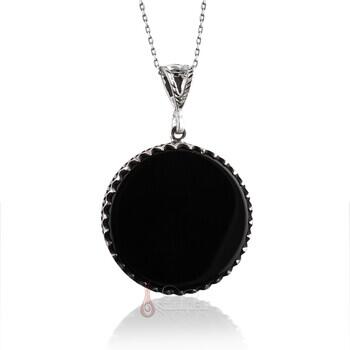 Yassı Kesim Siyah Onix Doğal Taşlı 925 Ayar Gümüş Yuvarlak Tasarım Kolye - 2